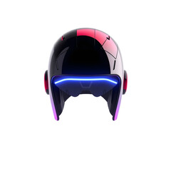 Poster - Futuristic Helmet Design, Neon Accents, And Protective Gear. Advanced Technology Visual, Modern Headgear Concept, Isolated On White. Represents Innovation And Safety In Future Applications.