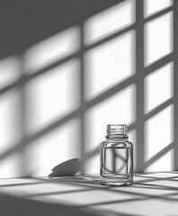 Poster - Glass Bottle with Liquid and Geometric Shadows in Monochromatic