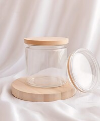 Poster - Glass Jar with Wooden Lid on Wooden Coaster, Soft White Backgrou