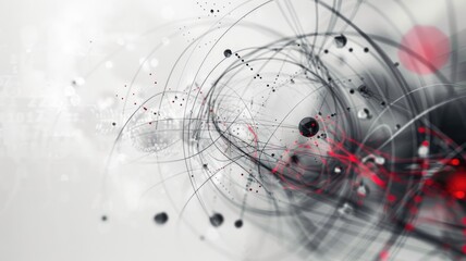 Fototapete - Abstract art of cityscape with red spheres and geometric patterns. Modern and futuristic design with a monochrome background. Architecture and urban concept. Geometric shape with white and red. AIG53.