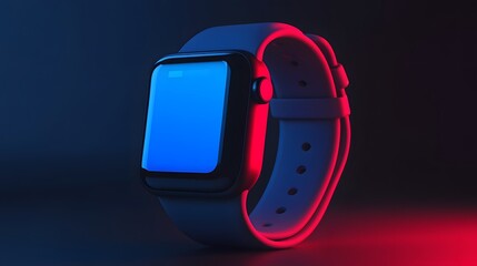 Poster - Smartwatch with blank blue screen displayed in neon red and blue light. Modern technology and gadget concept. Sleek design and minimalist aesthetic.