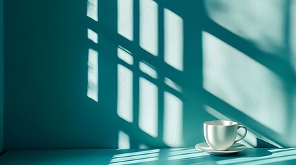 Poster - Teal Wall with Window Shadows and a White Coffee Cup