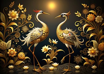 Naklejka na meble Elegant Cranes & Gold Floral Motifs: Dark Artistic Decor Stock Photo