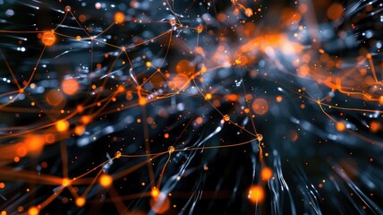 Poster - Abstract glowing orange and yellow network connections on a dark background. Digital artwork for design of vibrant color of orange color with glowing effect dot and lines conecting together. AIG53.