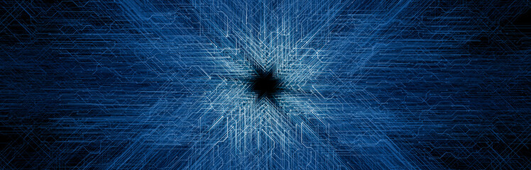 Poster - futuristic dark tech background with glowing blue lines radiating from the center, depicting a digit