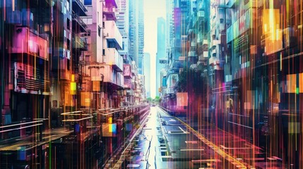 Fototapete - Colorful pixelated cityscape with skyscrapers. Abstract artwork of pixel art with vibrant color in skyscraper or cityscape or modern building. Digital artwork of Abstract urban design. AIG51.