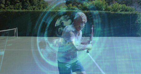 Poster - Senior man playing tennis on private court, showcasing sports analytics through digital HUD circles