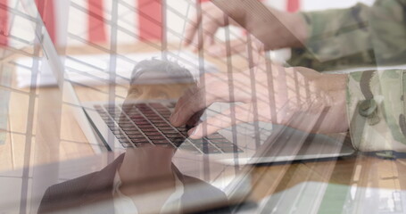 Poster - Image of soldier using computer over businessmen