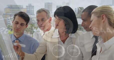 Poster - Image of data processing and clock over diverse business people taking notes