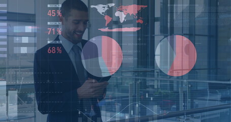 Poster - Image of data processing over caucasian businessman using smartphone