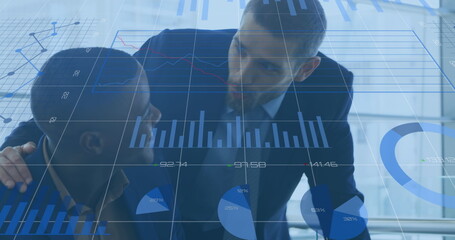 Poster - Image of data processing over diverse businessmen talking