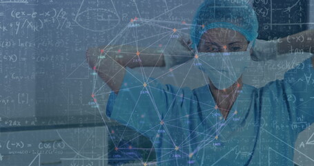 Poster - Image of scientific equations over caucasian surgeon in face mask