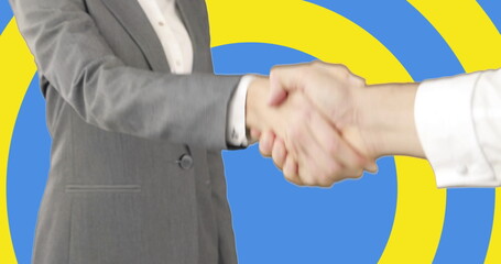 Poster - Image of caucasian business people shaking hands over flag of ukraine