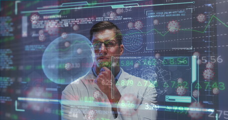 Poster - Touching chin adult scientist studying holographic display in tech lab, with virus model overlays
