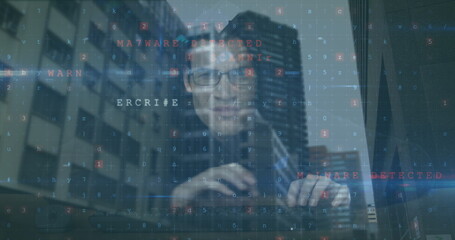 Poster - image of data processing over caucasian hacker