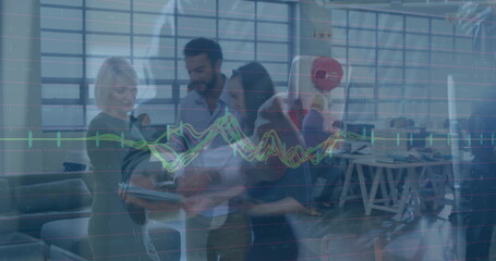 Poster - Image of financial data processing over diverse group of business people