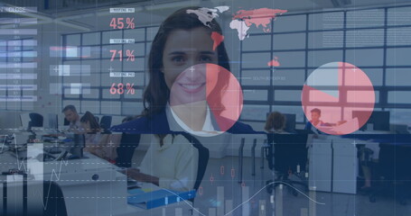 Poster - Image of financial data processing over diverse group of business people