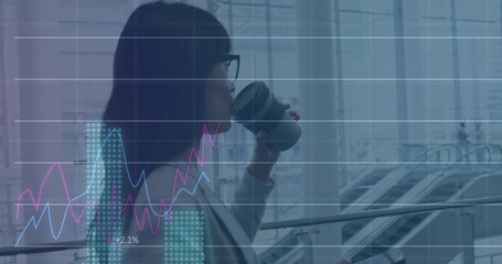 Poster - Image of financial data processing over biracial businesswoman