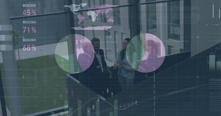 Poster - Image of financial data processing over diverse group of business people