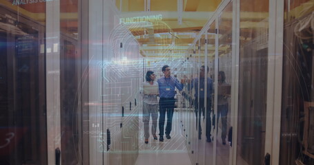Poster - Image of data and padlock over computer servers and caucasian male and female it engineer