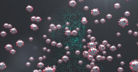 Poster - Image of covid 19 cell falling over human body model on dark background