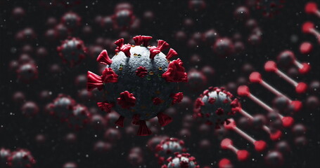 Poster - Image of dna strand spinning over covid 19 cells falling on dark background