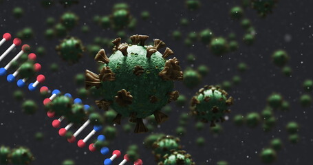 Poster - Image of dna strand spinning over covid 19 cells falling on dark background