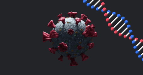 Poster - Image of dna strand spinning over covid 19 cell falling on dark background