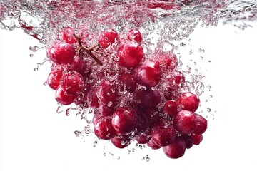 Poster - A bunch of vibrant red grapes splashing into clear water, creating dynamic ripples and bubbles against a pure white background, for refreshment concept.