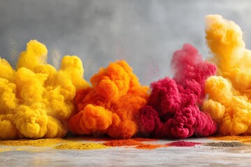Poster - A vibrant explosion of colorful powder pigment, creating abstract shapes and a dynamic flow of colors with yellow, orange, and red pigments on a grey background.