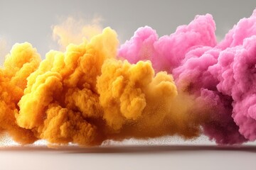 Poster - Abstract colorful powder explosion with vibrant yellow and pink hues creating a dynamic, textured cloud of fine particles against a neutral backdrop, studio shot.