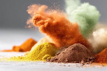 Poster - A dynamic composition featuring vibrant piles of colorful powders creating an abstract burst of hues, with intense yellow, red, brown, green and orange pigments.
