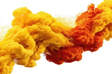 Poster - Abstract vibrant yellow and orange pigment swirling dynamically in water, creating a mesmerizing effect of fluid motion and color blending against a clean white backdrop.