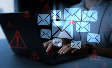 Poster - Email security and virus spam alert in email. Fake text email scam.Scammers online.Cyber scam. Spam email message on digital screen.	