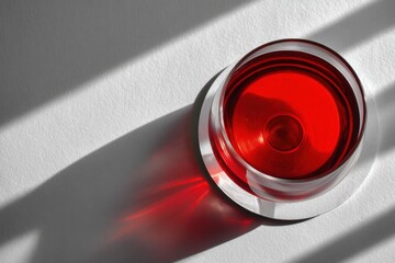 Poster - A glass of ruby-red liquid catches the light, casting an artistic shadow on a white surface, highlighting its elegance and creating a dramatic and modern composition.