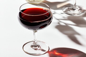 Poster - A glass of rich, dark red wine, catching the light and casting vibrant shadows on a clean white surface, with a second glass blurred in the background.