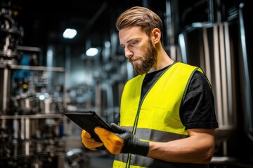 Poster - A technician wearing a safety vest and gloves operates a tablet in a factory, ensuring quality control and efficient operation of industrial equipment during a routine inspection.