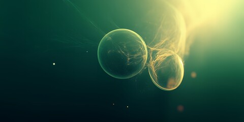 Poster - Abstract Green Background with Two Illuminated Spheres Connected by Filaments of Light A Stunning Artistic Image Perfect for Design Projects or Wallpaper