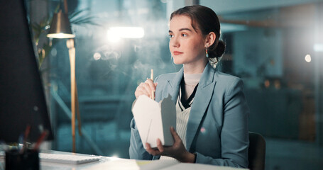 Aufkleber - Business, computer or woman with eating fast food in office for working break, publishing deadline or reading feedback. Night, journalist and chinese takeout for overtime, hungry or proofreading blog
