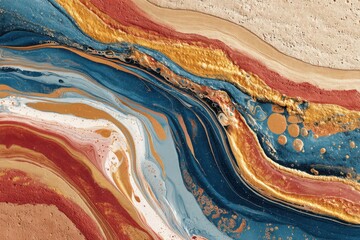 Poster - An abstract fluid art painting with swirling textures in shades of blue, gold, red, and white, creating a modern and luxurious visual experience, suitable for print and web.