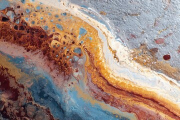 Poster - Detailed abstract art painting with blue, orange, brown, white and grey colors, vibrant textures, creating an eye-catching pattern, with a unique design