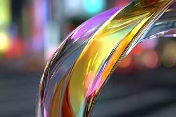 Poster - Abstract iridescent glass arc with blurred light background, showcasing vibrant hues, smooth textures, and a dynamic composition, generating a sense of modern elegance.