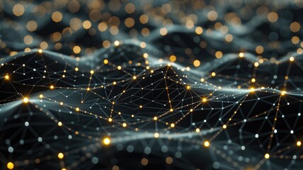 Poster - Abstract network of glowing nodes and connections on a dark background. Digital artwork of black geometric shape yellow glowing line connecting. Technology innovation and communication concept. AIG53.