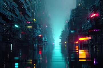 Poster - A mesmerizing cyberpunk cityscape reflecting on water, featuring futuristic buildings illuminated with vibrant neon lights and a hazy, ethereal atmosphere.