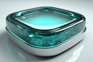 Poster - Close-up of a futuristic, transparent device showcasing internal microcircuitry with a glowing blue light, sleek design, and advanced technology, studio shot detail.