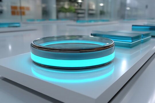 Close-up shot showcasing a futuristic and minimalist design with glowing elements, evoking a sense of advanced technology and sleek aesthetics, set on a clean white platform.