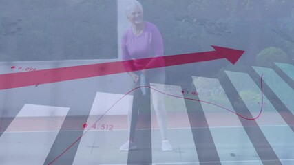 Poster - Female player swinging racket on outdoor court, integrating technology bar chart and red line graph