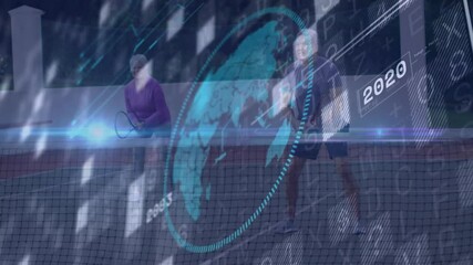 Poster - couple playing tennis on court, holographic globe charts visualizing sports tech data