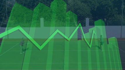 Poster - Senior man swinging racket, senior woman returning serve on court, overlaying green finance graph