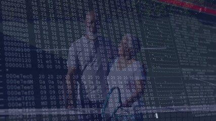 Poster - coworkers analyzing floating binary and hex code streams in tech control room, glowing data panels
